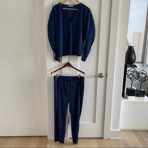 Matching blue ribbed/pleated top and pants set from ZARA